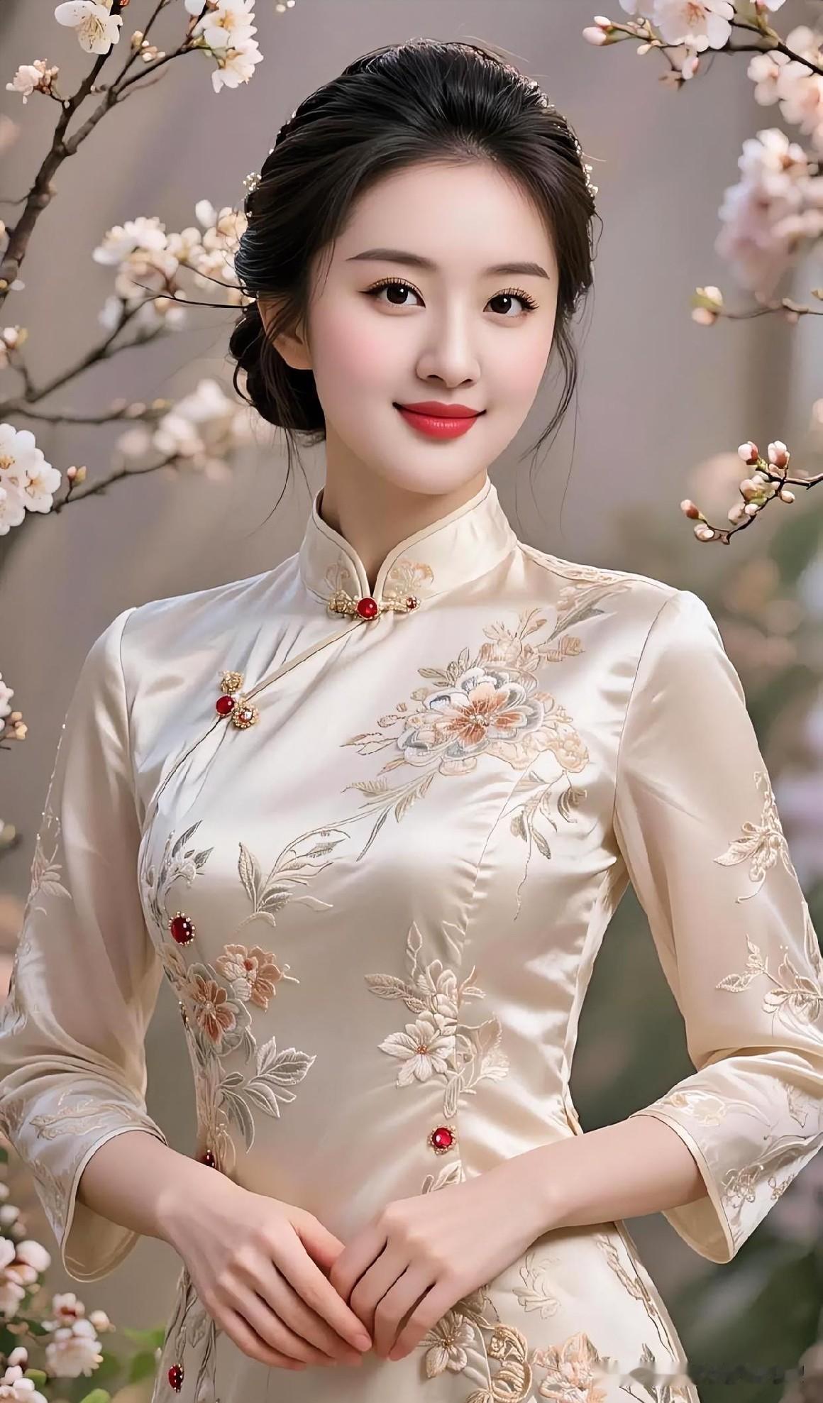 素雅旗袍映花枝，温婉浅笑绽芳华。古典与柔美交融，勾勒东方佳人的诗意与宁静。