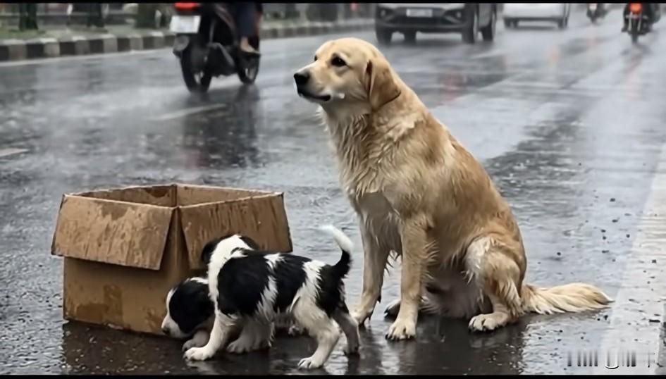 泪目了！这是一个雨天，一只狗妈妈连同它的两个孩子都被心狠的主人遗弃在了一条马路上
