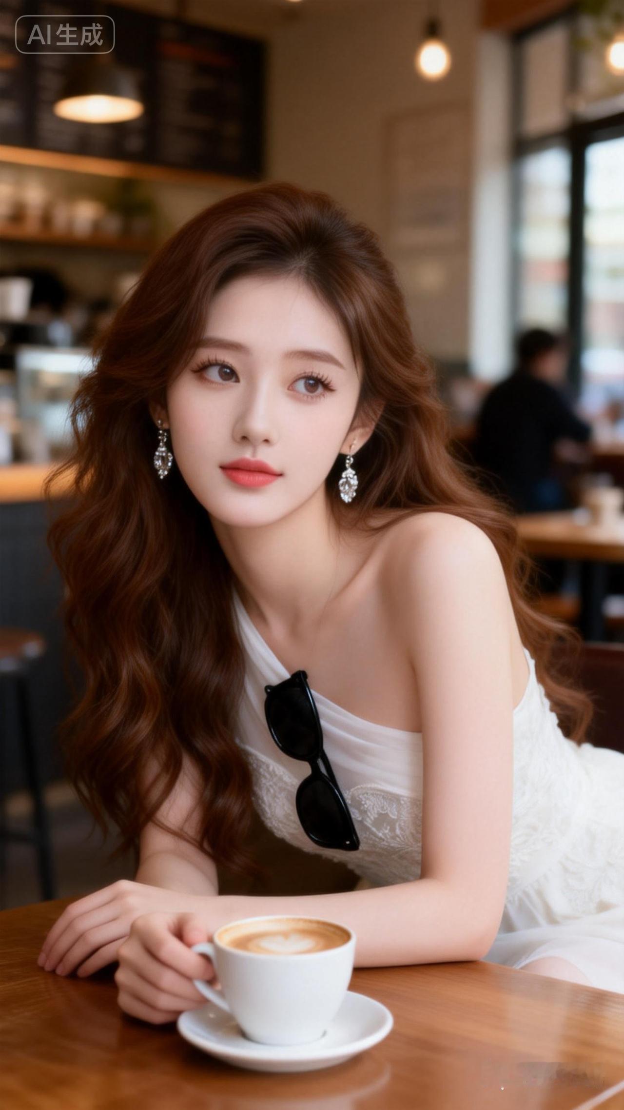 一位冷白皮的美女，她化着清透甜美的妆容，留着棕色长卷发，发丝被风吹起，尽显清冷与