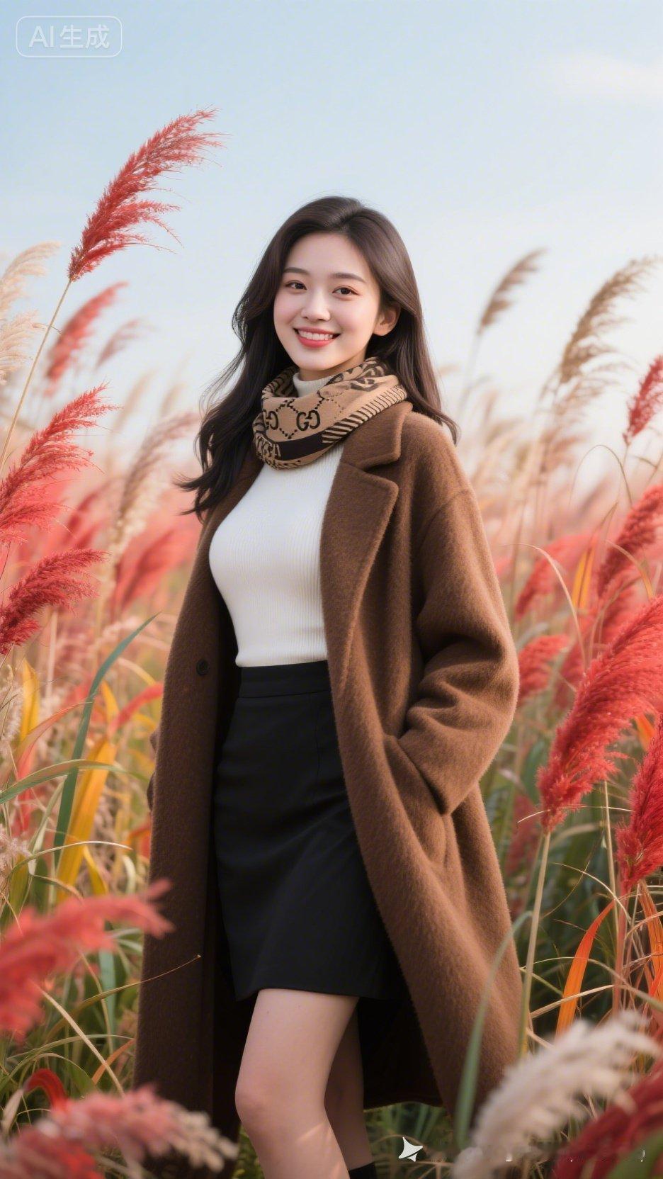 秋日暖阳下，红叶丛中，甜美笑容绽放，时尚穿搭尽显优雅。