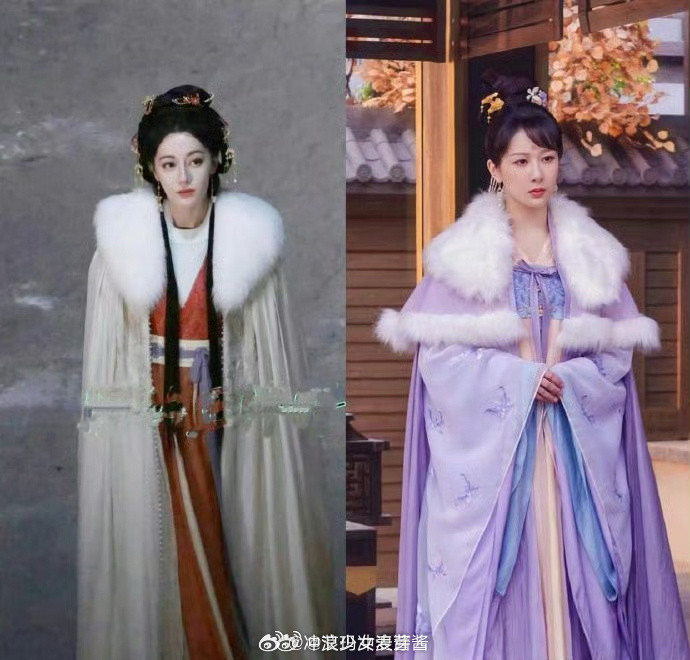 杨紫和热巴同穿貂皮披风差距好大……前者是坨状的，后者是条状的。说实话紫可以向巴