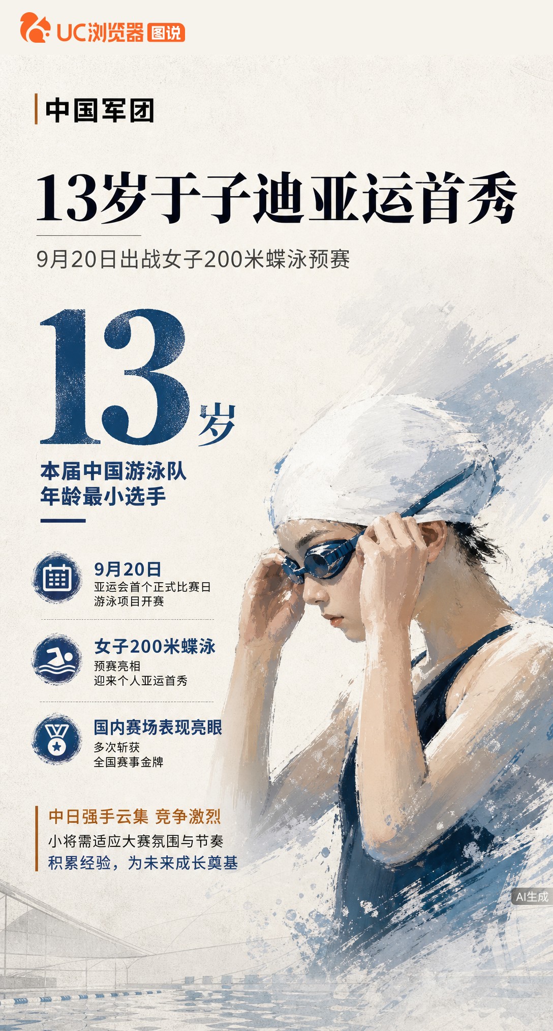 13岁于子迪20日出战女子200蝶预赛，迎来名古屋亚运首秀。作为中国游泳队最小选手，国内拿过金牌但亚