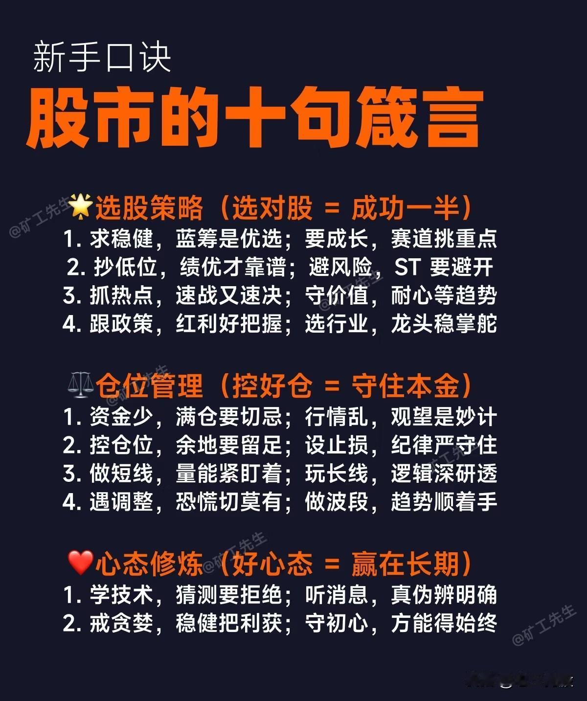 这是关于股市的新手口诀，包含选股策略、仓位管理和心态修炼三方面内容。选股策略强调