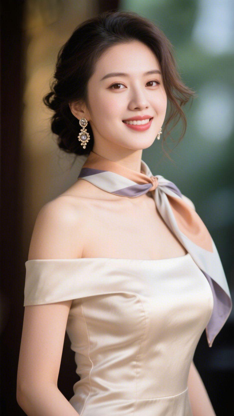 暖光里的浅金裙柔暖的光落在肩头，浅金色缎面裙像裹了层融开的日光。露肩的线条