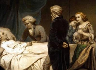 1799年，67岁的美国总统华盛顿奄奄一息的被两位医生死死按在手术台，他们用刀接