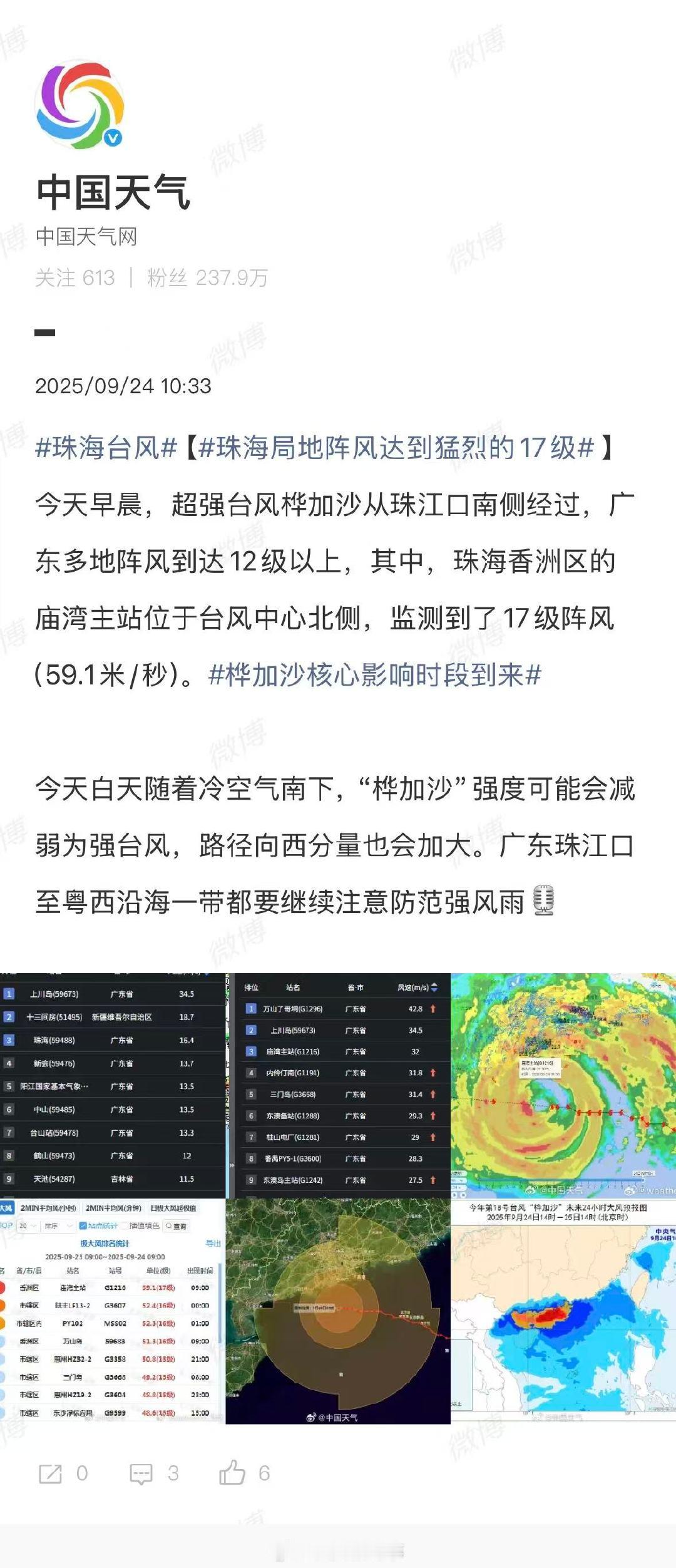 【珠海局地阵风达到17级】珠海监测到了17级阵风：今天早晨，超强台风桦加沙从珠江