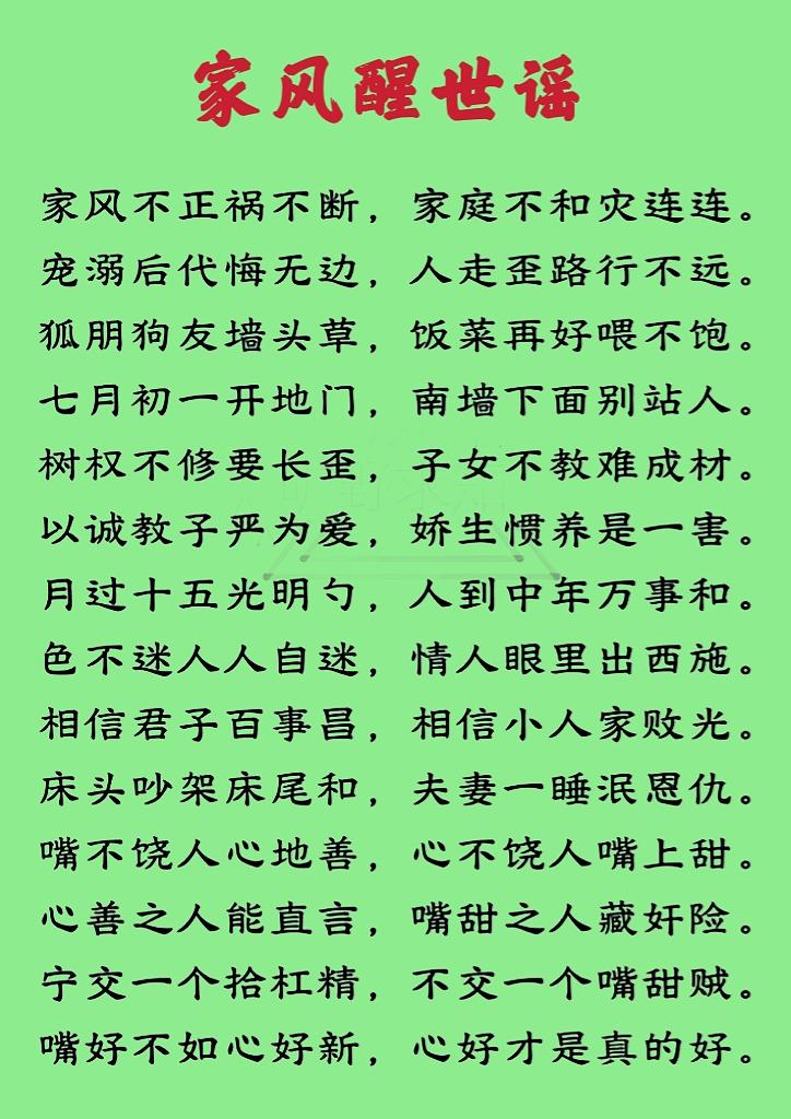 家庭好风水不在屋和地孝亲敬长辈和睦生财气勤俭家业兴懒惰家必败夫妻多体