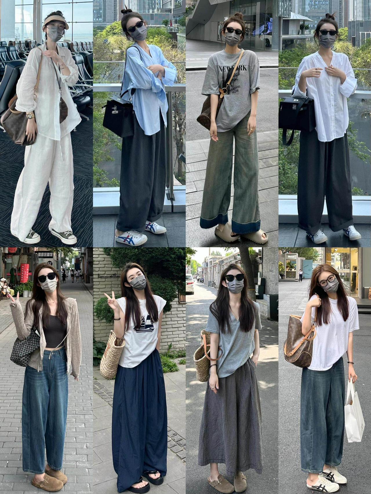 慵懒松弛春夏街拍，太好看了！穿搭以低饱和的浅色系为主，棉麻阔腿裤、宽松T恤和垂
