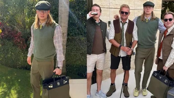 哈兰德在社交媒体上发布了一张度假照片，展示了他独特的新时尚风格。照片中，他身穿绿