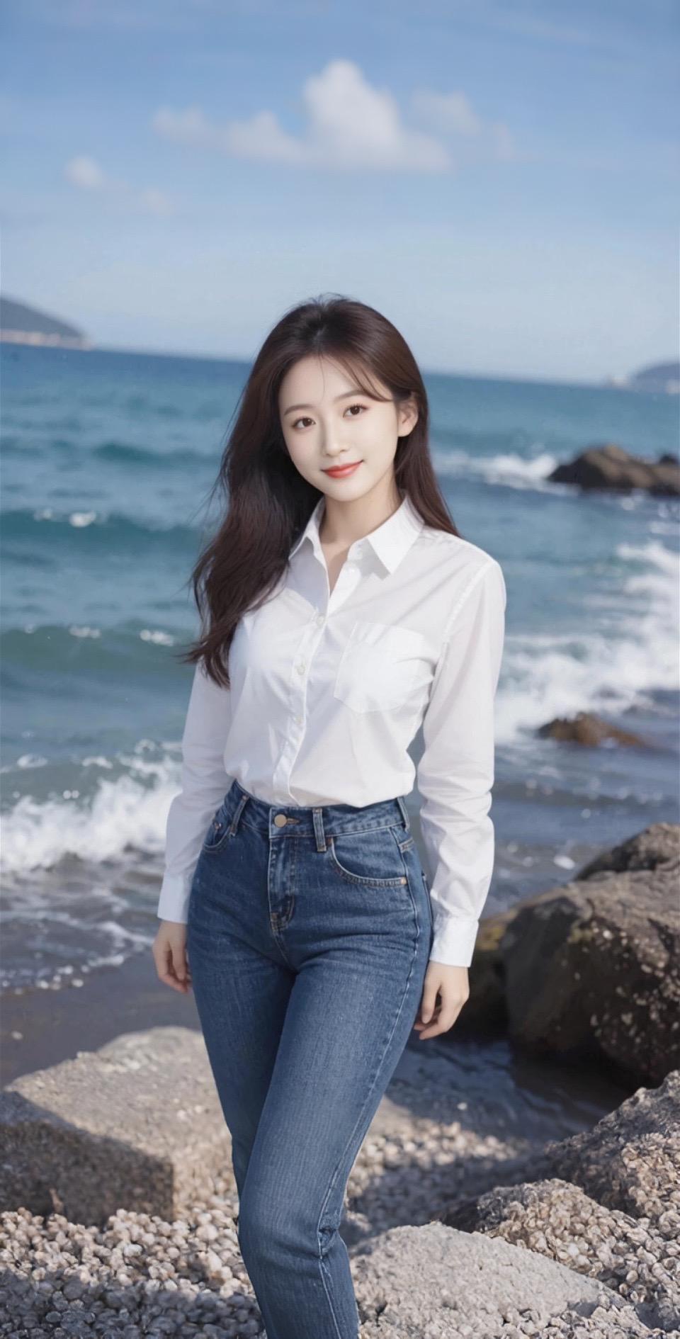 AI扩图 AI少女海景写真