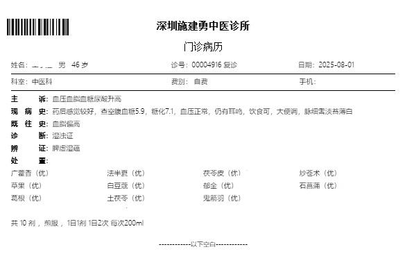 深圳本地的糖尿病患者，6月22号初诊，8月1号复诊，累计吃中药20天，空腹血糖5