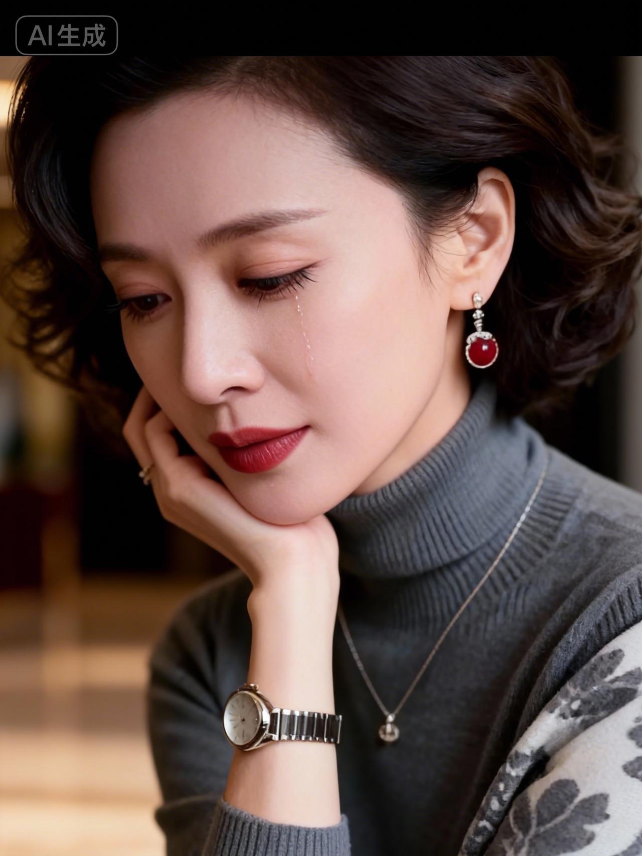 优雅气质，红唇泪光，复古耳环，时尚腕表，温柔时光。