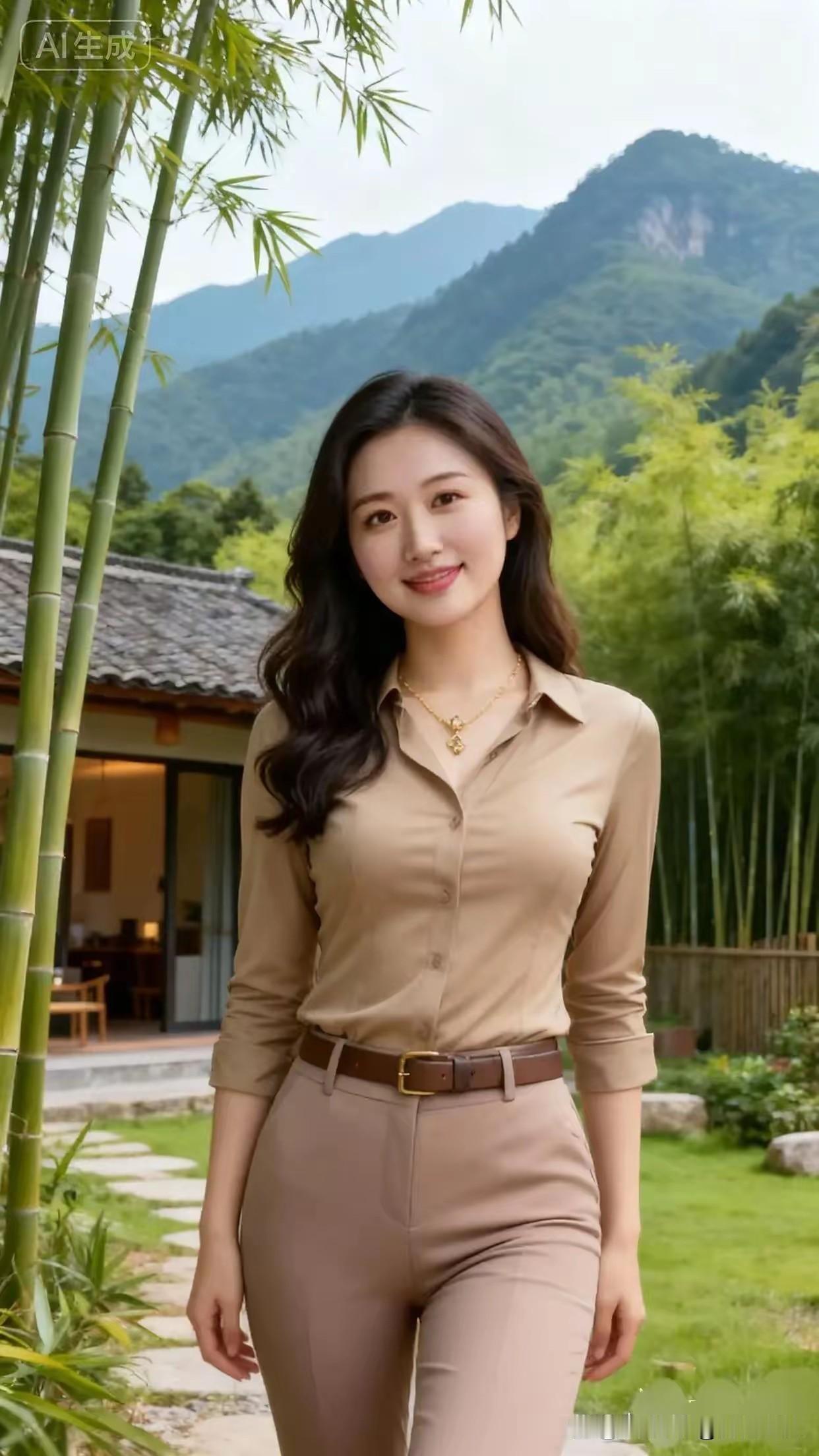 竹林深处见佳人，笑语盈盈似画卷。