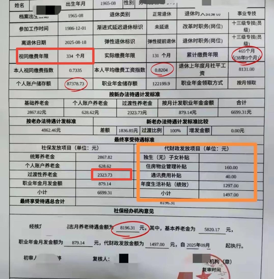 从这养老金核定表能看出来：他大概率是机关事业单位的…1. 视同缴费占大头