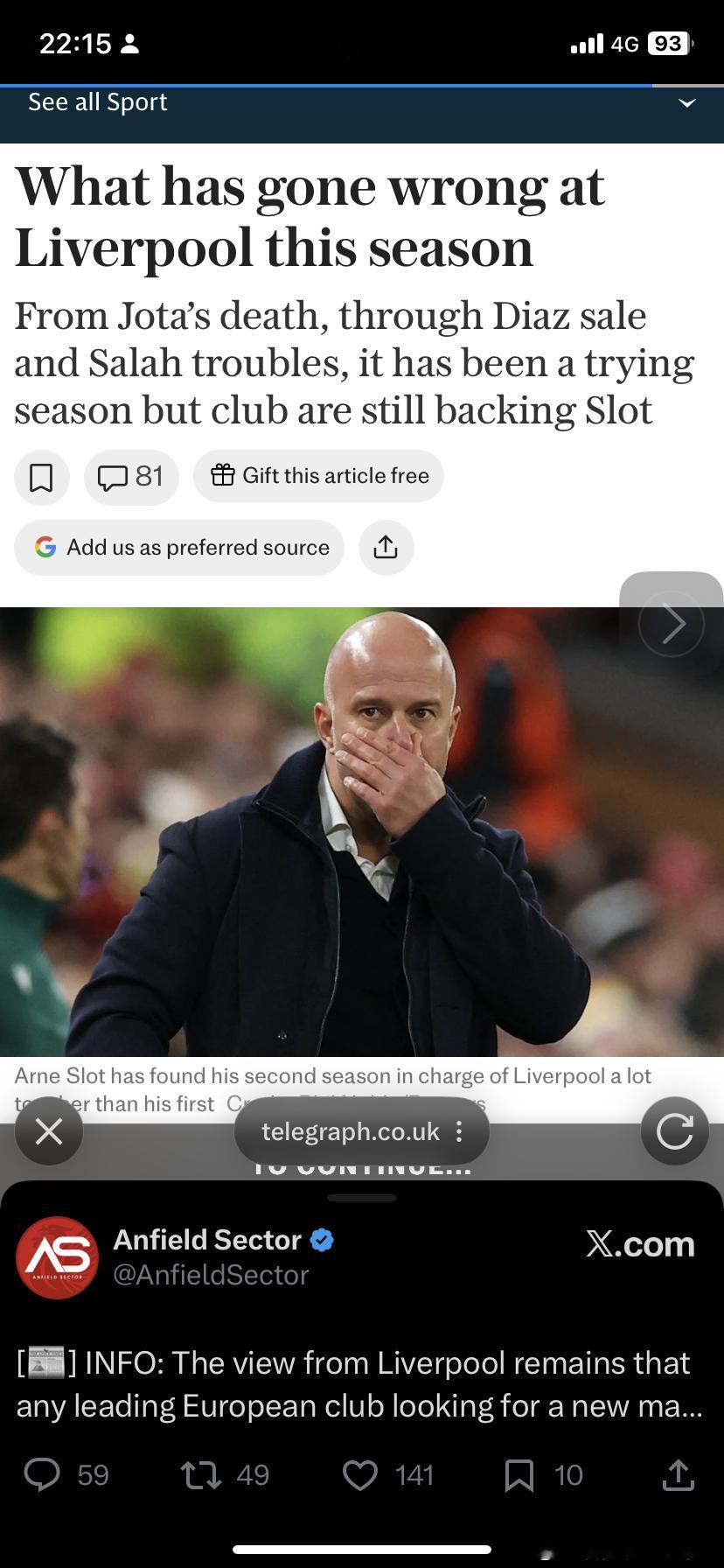 电讯报撰文：利物浦内部认为，倘若斯洛特尚未跻身顶级主帅之列，今夏任何寻求换帅的欧