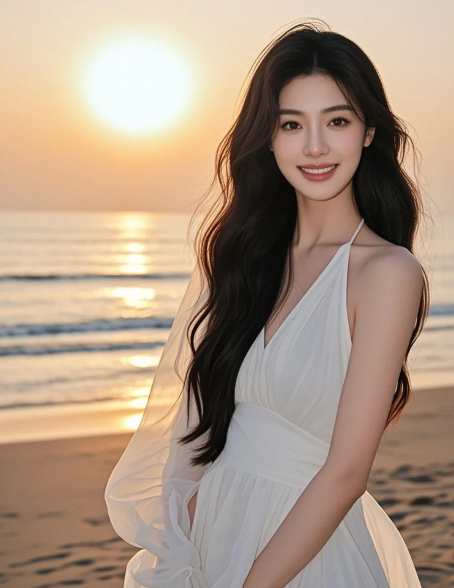 沙滩漫步的巨星，长发飞扬，笑容温婉，画面充满诗意情感