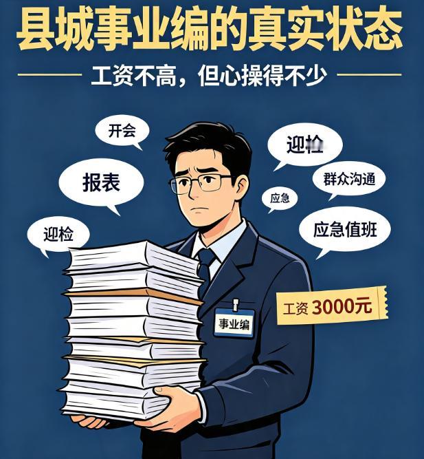 县城事业编的真实写照：拿着3000的工资，操着县长的心。工资是基层最低档，工作
