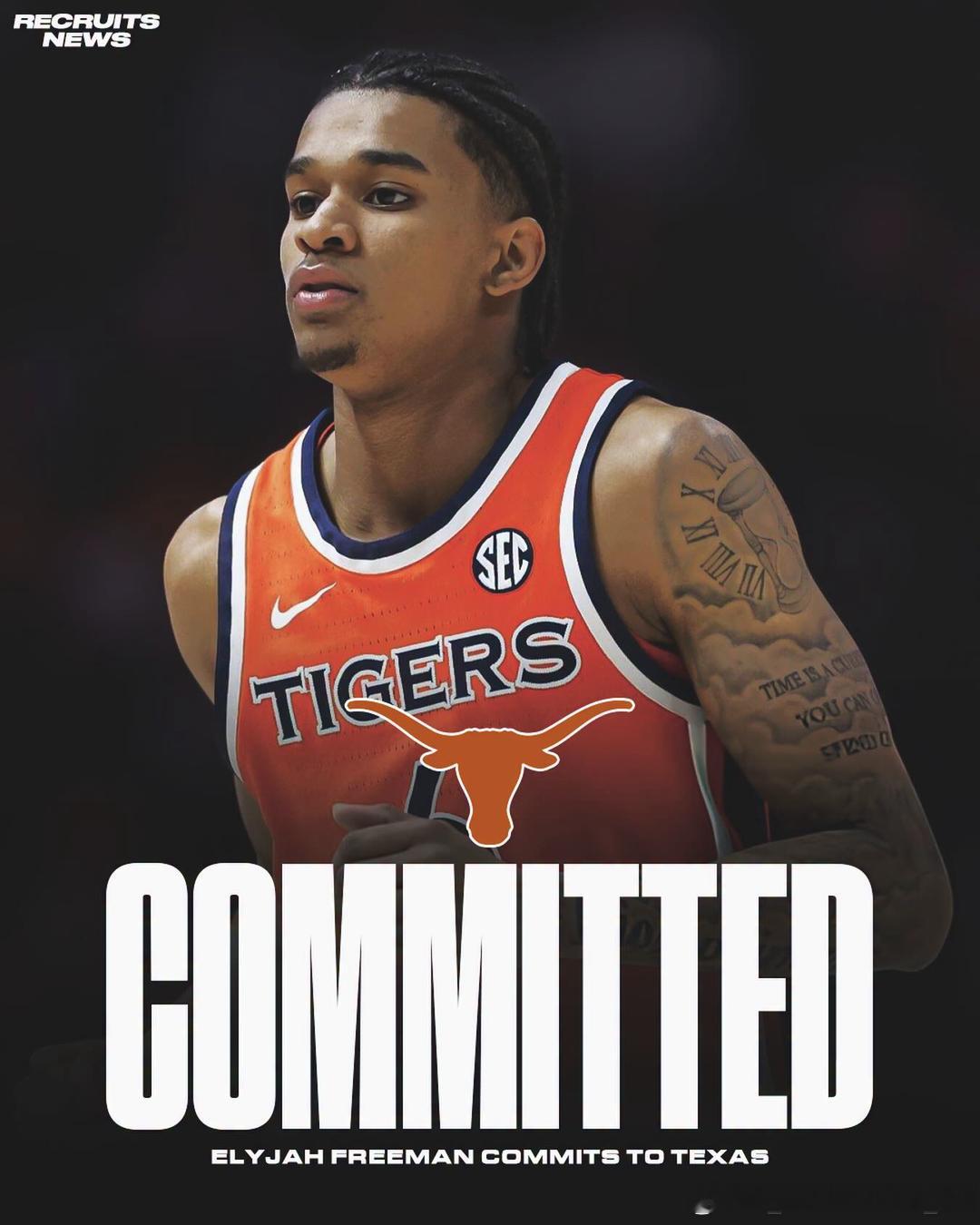 奥本大学前锋伊莱贾·弗里曼(ElyjahFreeman)转学加盟德克萨斯大学这