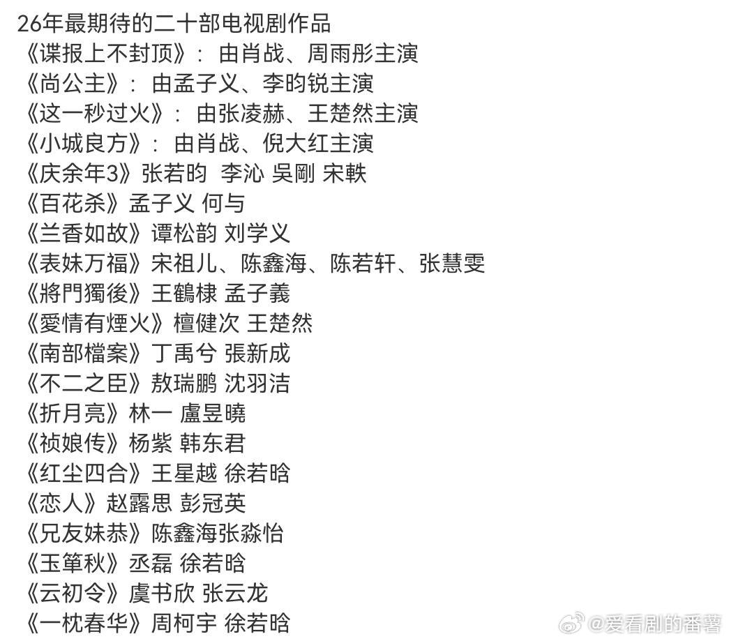 26年最期待的二十部电视剧作品《谍报上不封顶》：由肖战、周雨彤主演《尚公主》：由