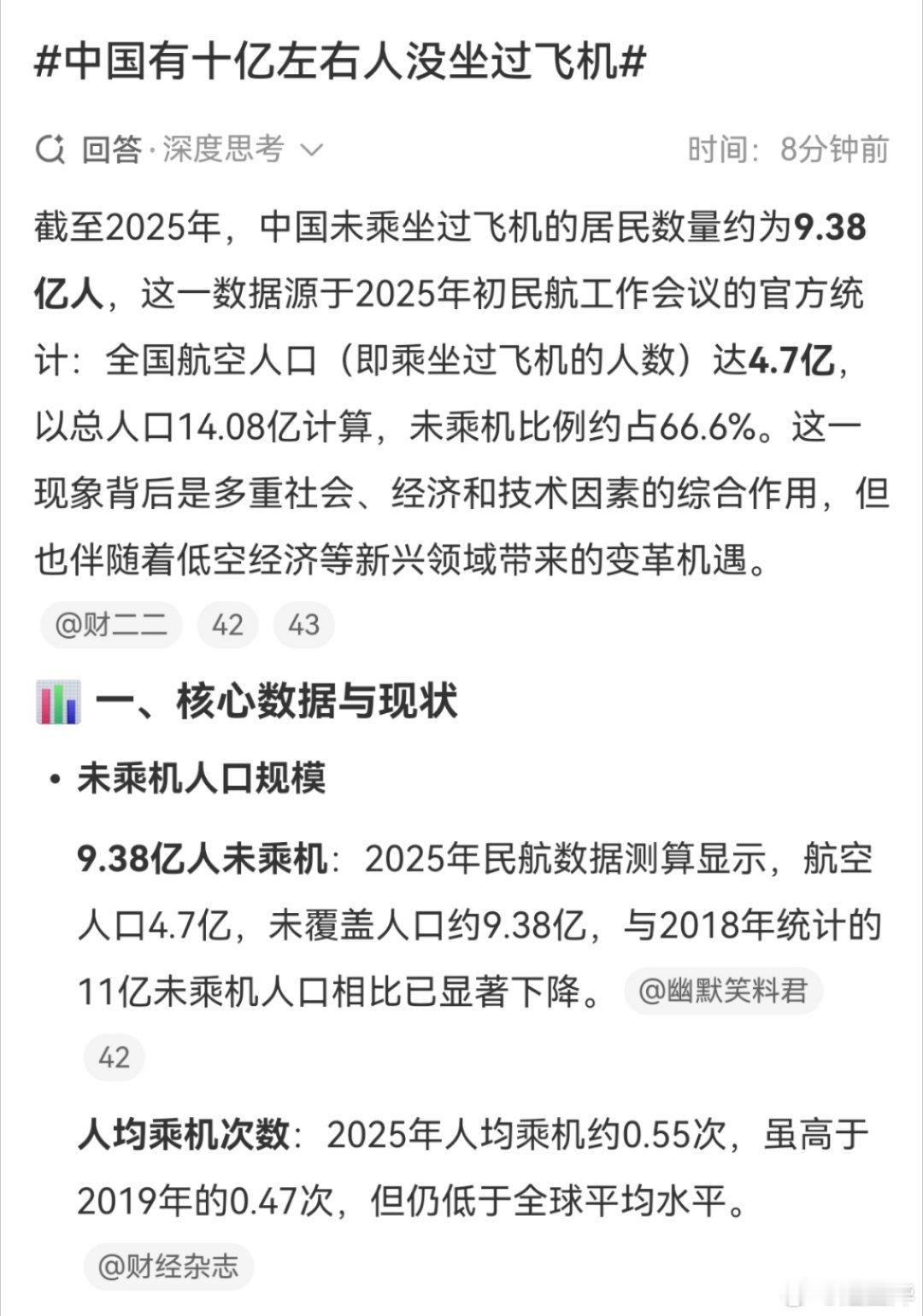 大家换个角度来看这个新闻：新闻说中国有十亿左右人没坐过飞机，那就是说，中国有14