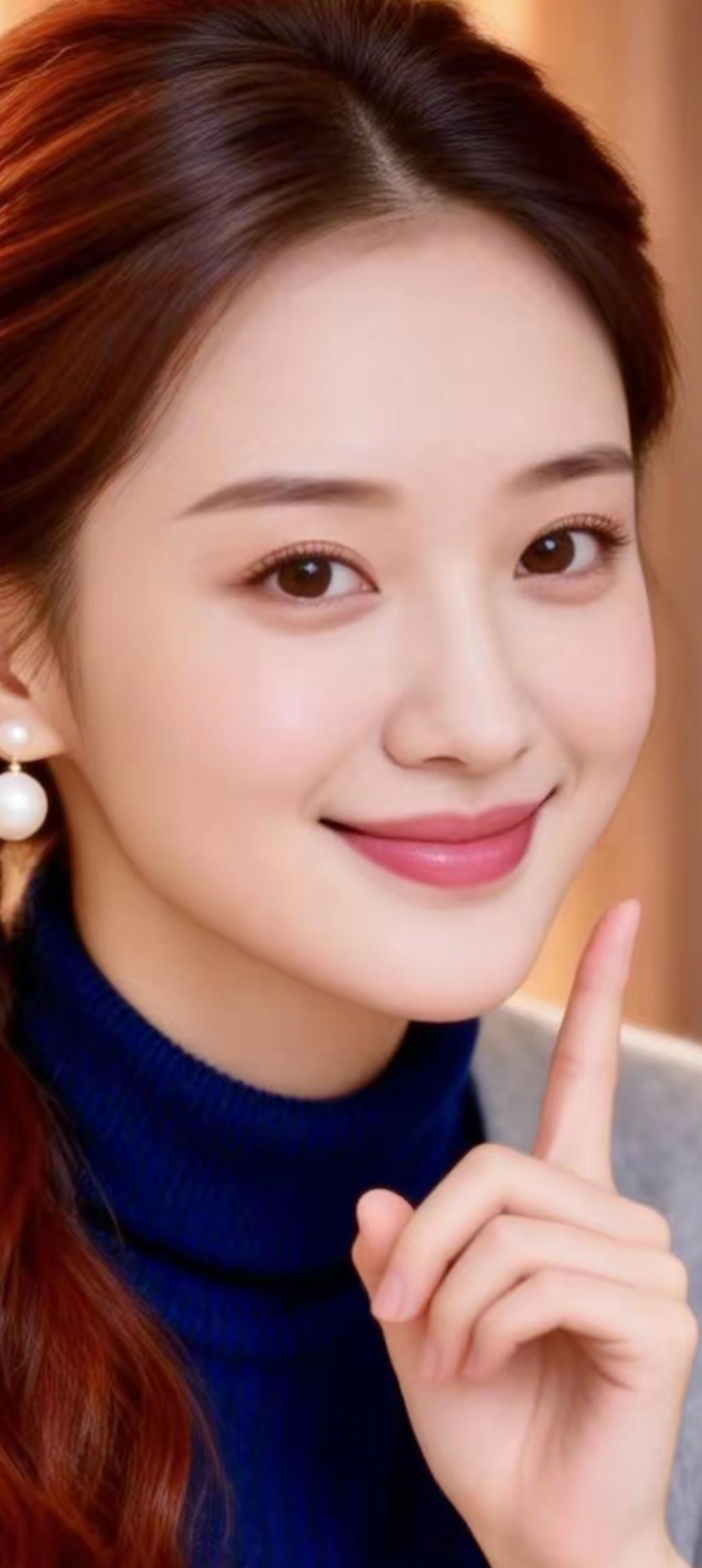 温柔甜美的微笑，珍珠耳环点缀，蓝色毛衣搭配，元气满满的一天！😊✨