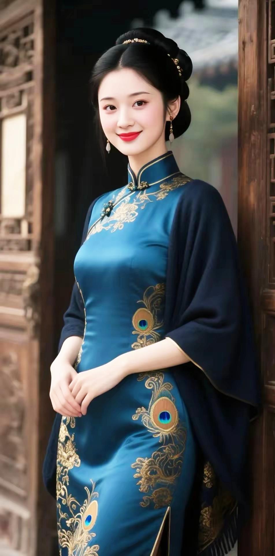 穿越时空的古典美人，蓝衣金纹，韵味十足！