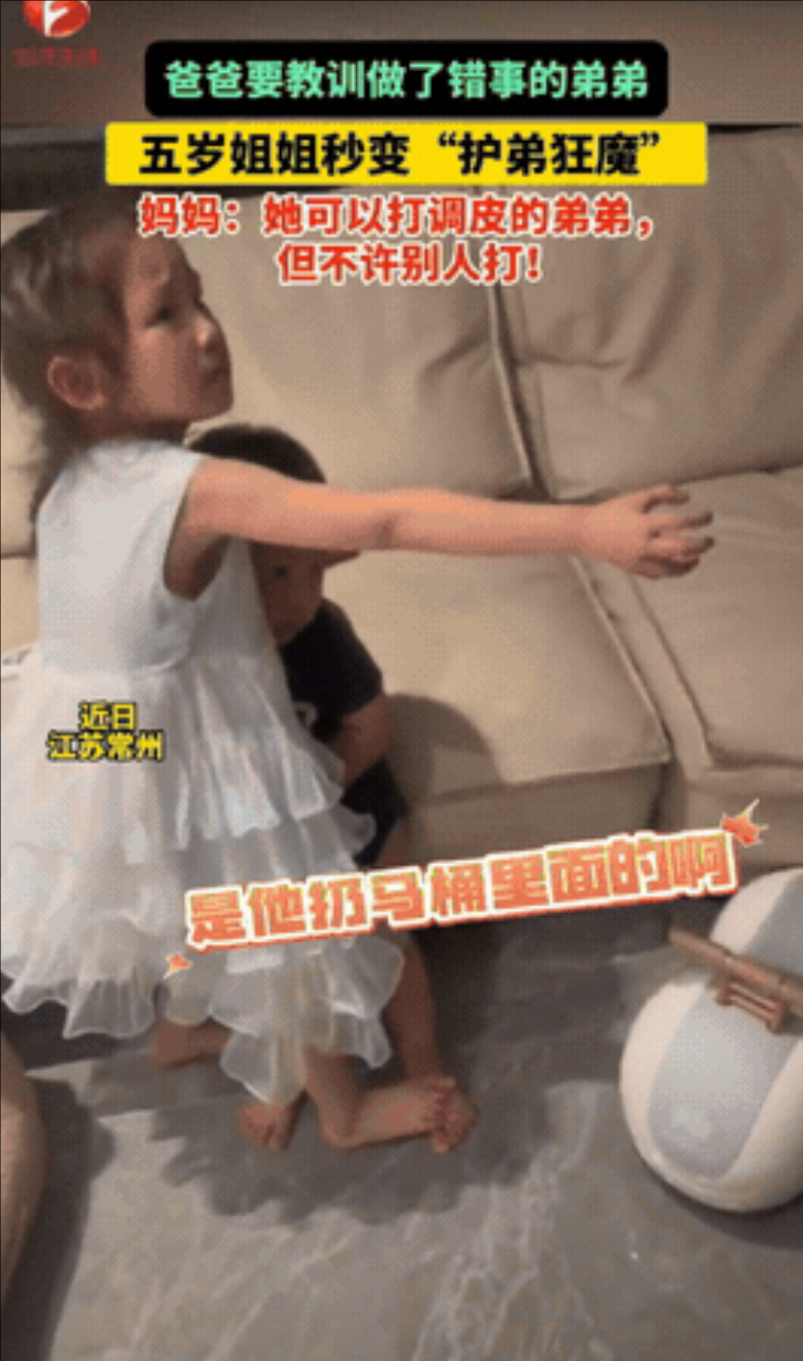 这姐姐能处！江苏，两三岁的弟弟把玩具往马桶里扔，爸爸抄起拖鞋要教训他，五岁的姐姐