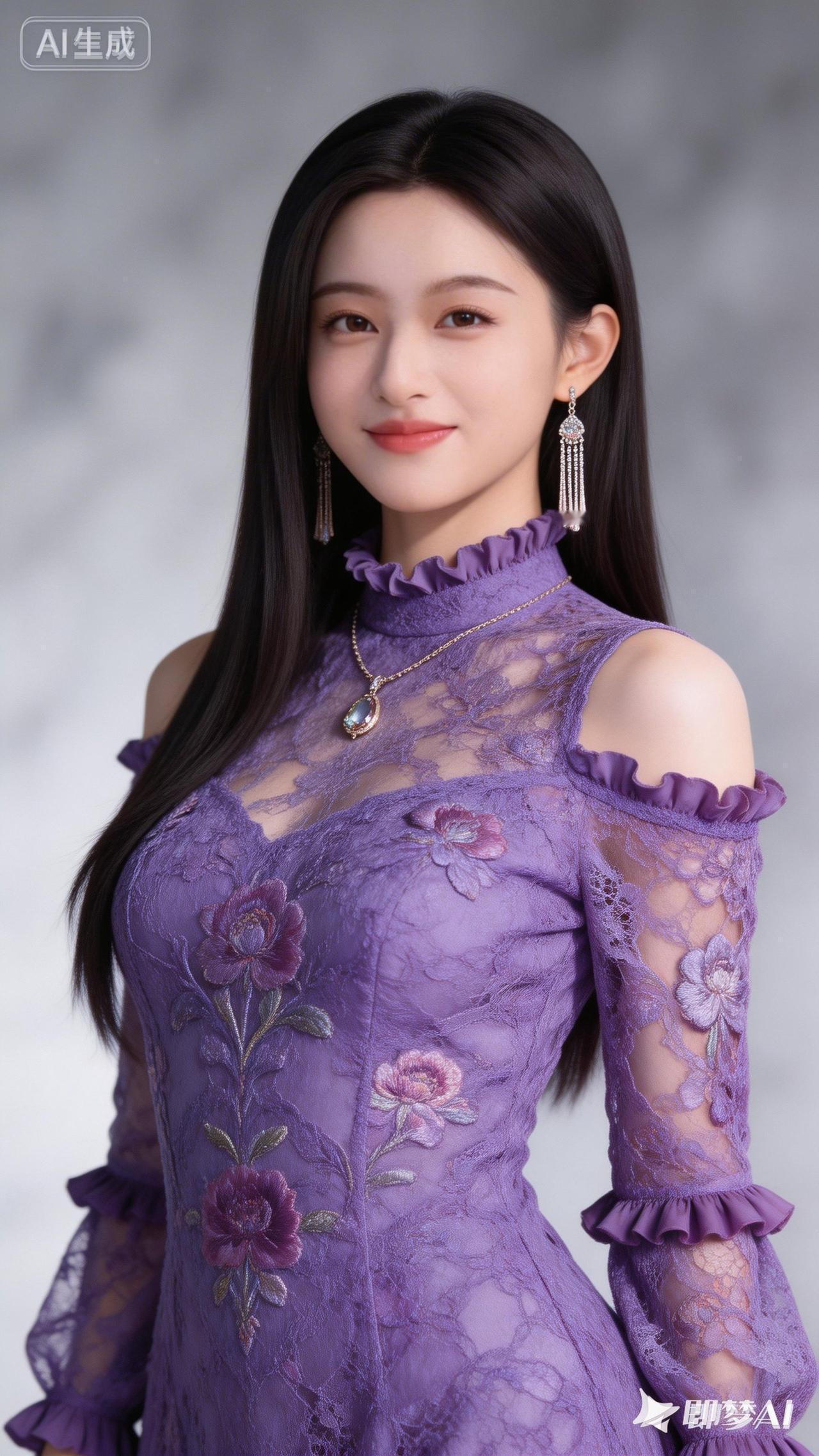 紫色蕾丝连衣裙，优雅气质，甜美笑容，梦幻少女风