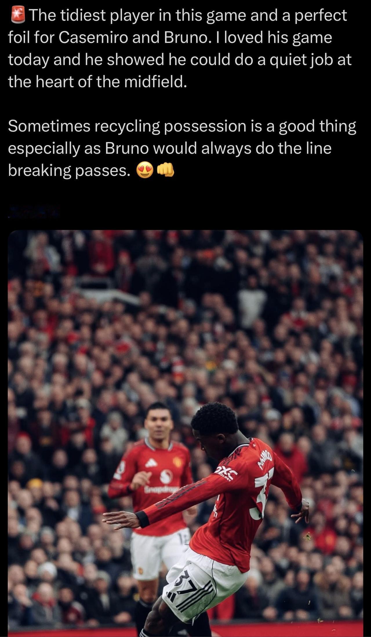 我还是要感谢阿莫林[呲牙笑]让曼联球员知道：应该跑起来，而且有纪律又有创造性的