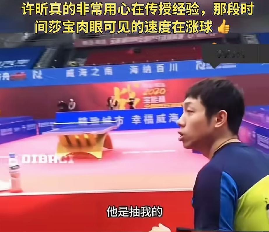 莎莎听着许昕给她复盘比赛。许昕真是想把知道的都教给莎莎。许昕说：“他抽中间位，