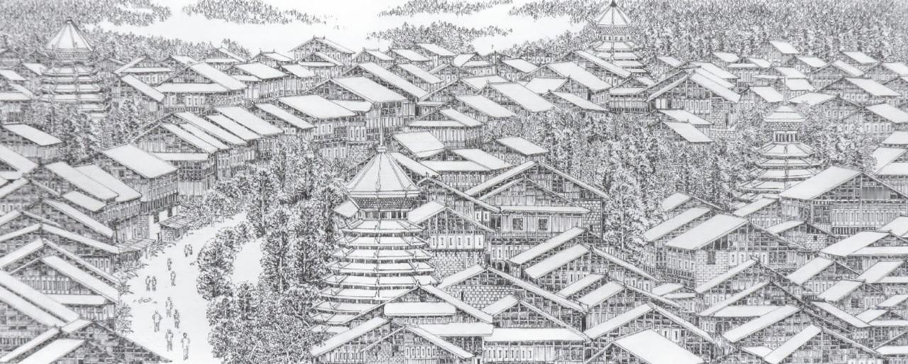 侗寨风光，0.75mm极细签字笔手绘，生宣。最美风光在山村，只有