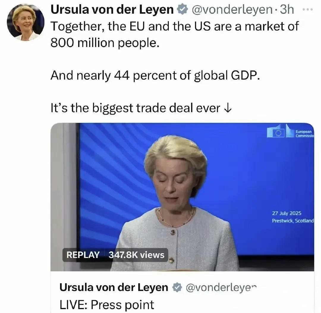 冯德莱恩如此评价美欧新贸易协议：“欧盟与美国加在一起，是一个拥有8亿人口的市场