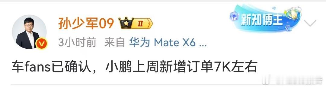 小鹏汽车上周新增订单7000左右5月19日，知名博主发布，车fans已确认，小鹏
