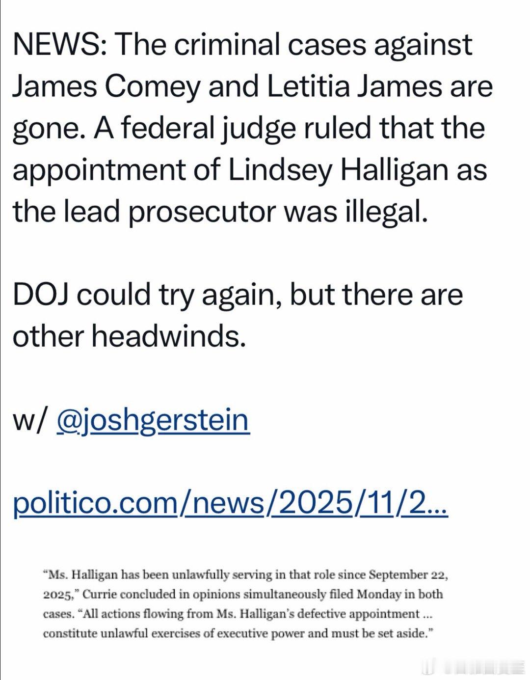 联邦法官判：起诉前FBI局长、现纽约州检察长的检察官，任命不合法，案件被驳回