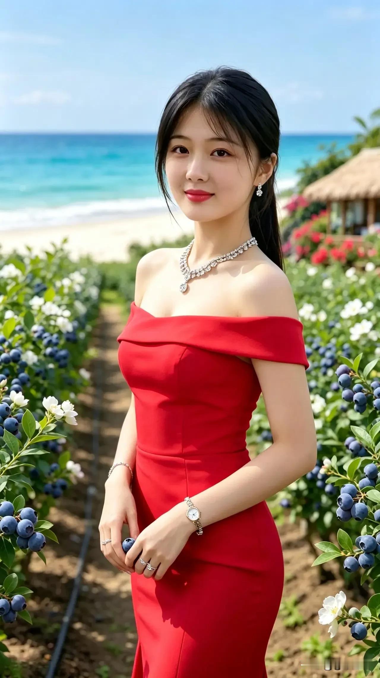 一袭红裙映海涯，蓝莓园里绽芳华。碧海晴光相映处，嫣然艳色胜繁花。红裙花海写真