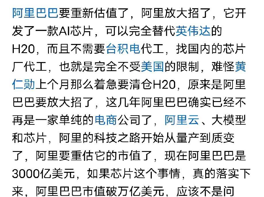 阿里巴巴晋升成第二个寒武纪了，阿里开发出一款AI芯片，股价连夜暴涨超12%，据传
