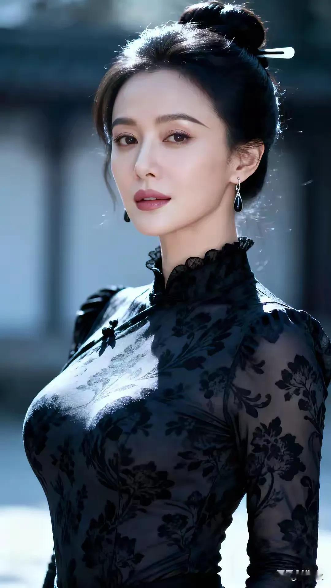 半老徐娘，风采依旧。云鬓轻挽花眼影，容颜绝世运倾城。