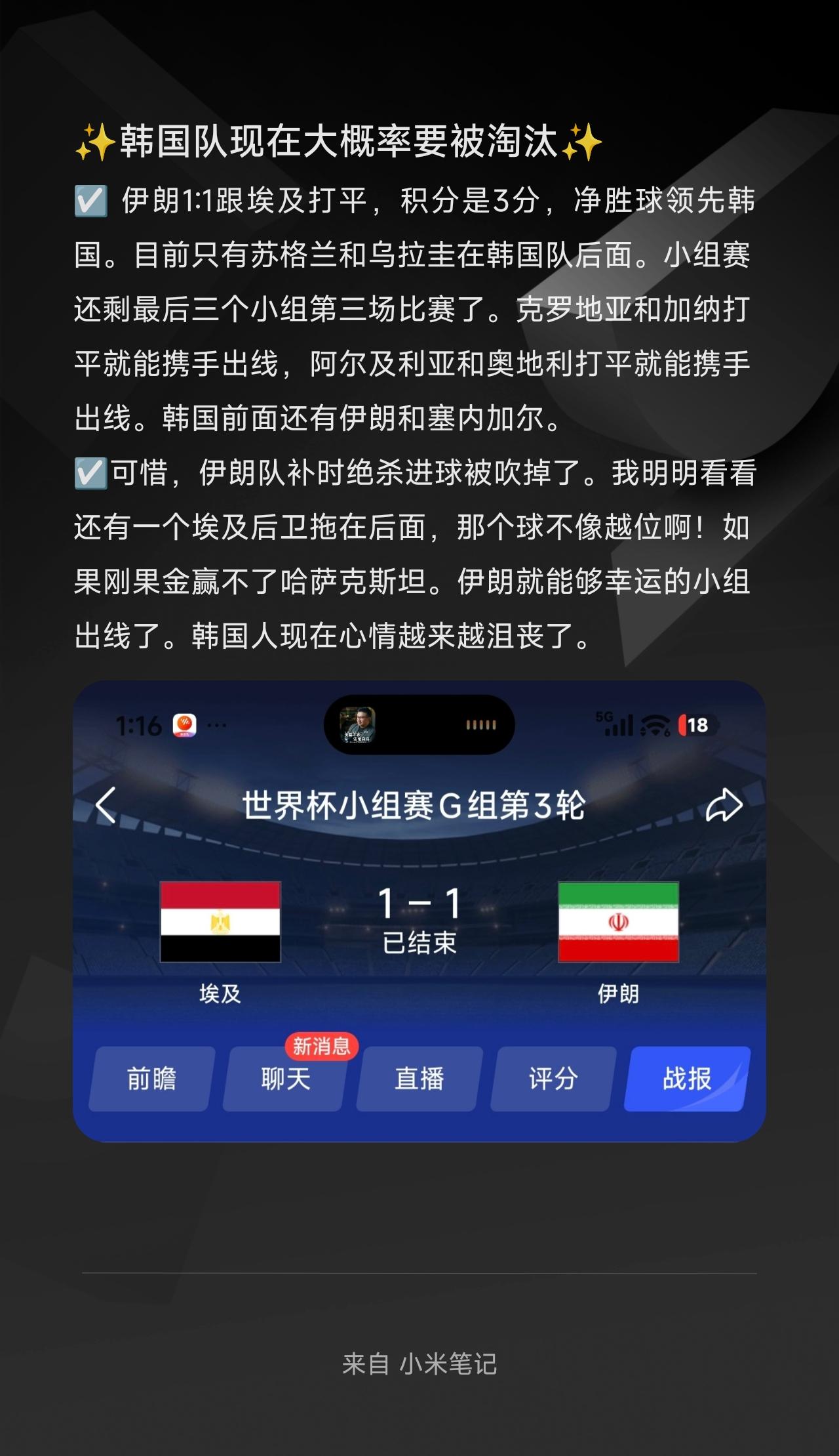 ☑️伊朗1:1跟埃及打平，积分是3分，净胜球领先韩国。目前只有苏格兰和乌拉圭在
