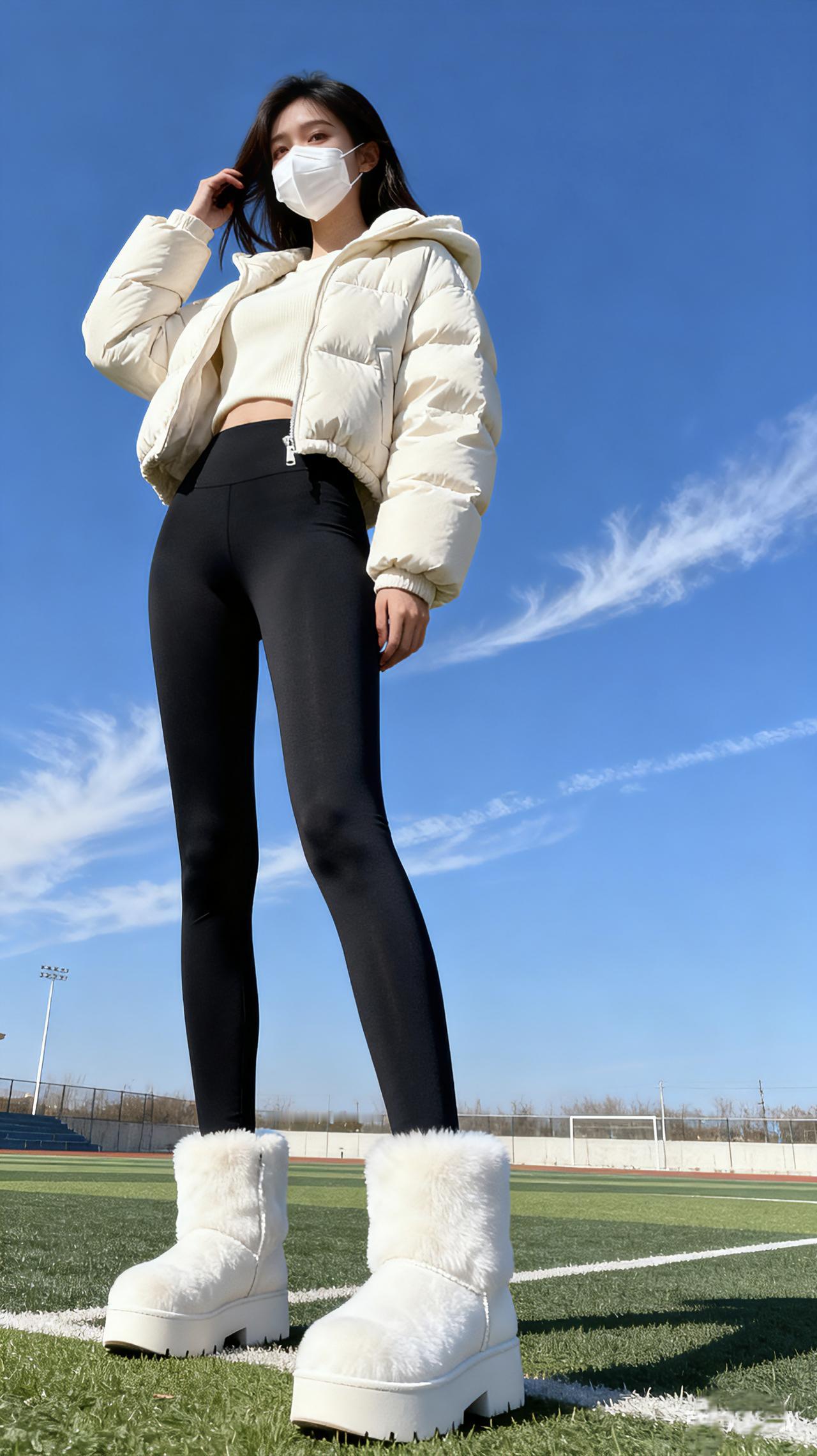 米白连帽羽绒服+黑色鲨鱼裤，冬日操场上的时尚款。冬日穿搭保暖显瘦日常分享