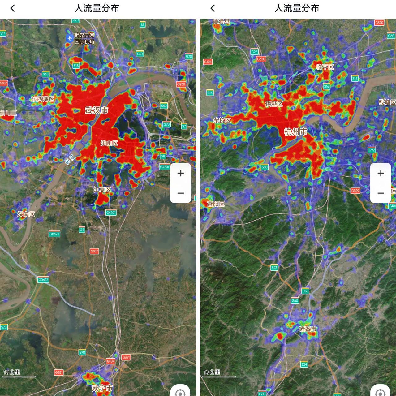 难道杭州的市区面积真的要超过武汉了吗？之前我也不相信，可是看完人流量分布图我感觉
