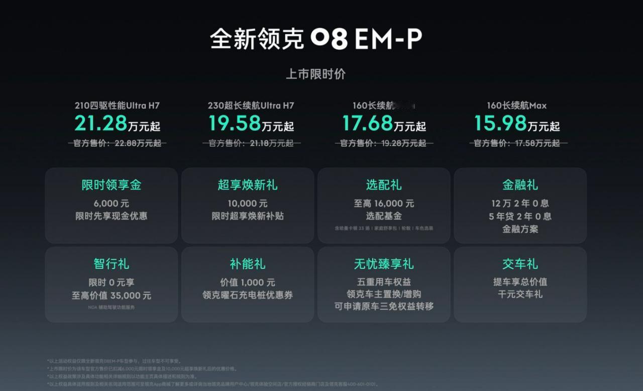 9月24日，新款领克08EM-P上市，售价区间17.58-22.88万元，上市