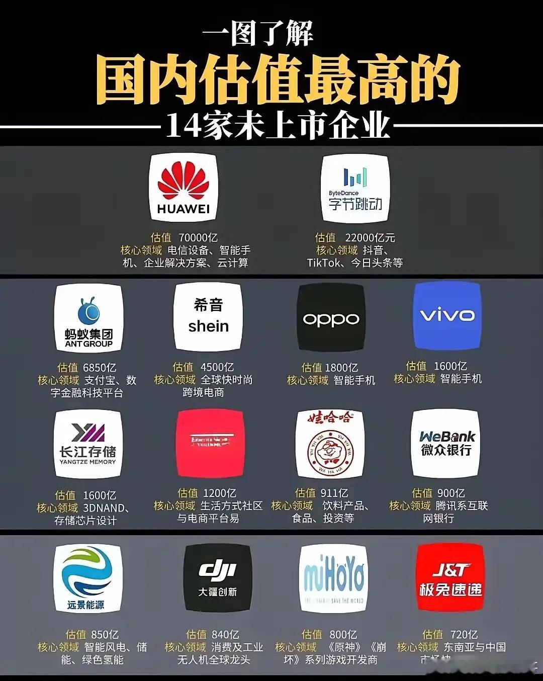 还没上市的16家估值最高的企业。华为在这方面遥遥领先,估值达到了70000亿,字