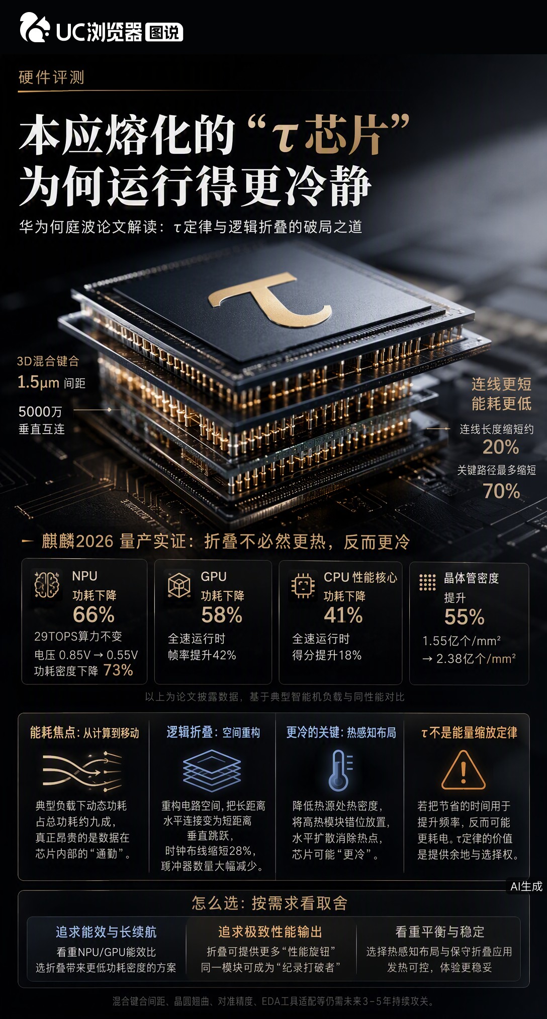 3D堆叠芯片本该发热失控？何庭波论文回应：靠逻辑折叠把数据传输变短，麒麟2026功耗反降66%。不过