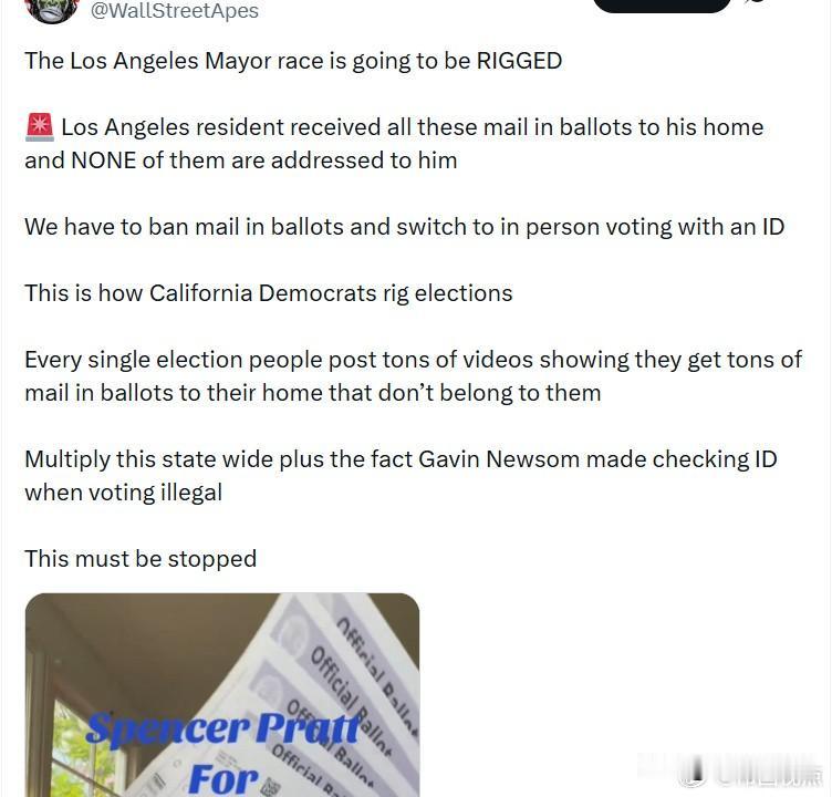 洛杉矶市长选举注定会被操纵。🚨一名洛杉矶居民在家中收到了一大堆邮寄选票