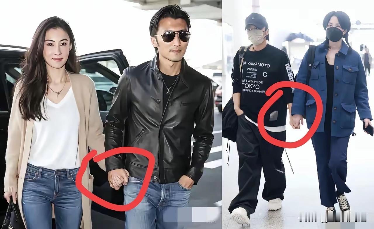 同样是牵手，谢霆锋的“真爱”太过明显。和张柏芝同行时，是谢霆锋主动攥住对方的