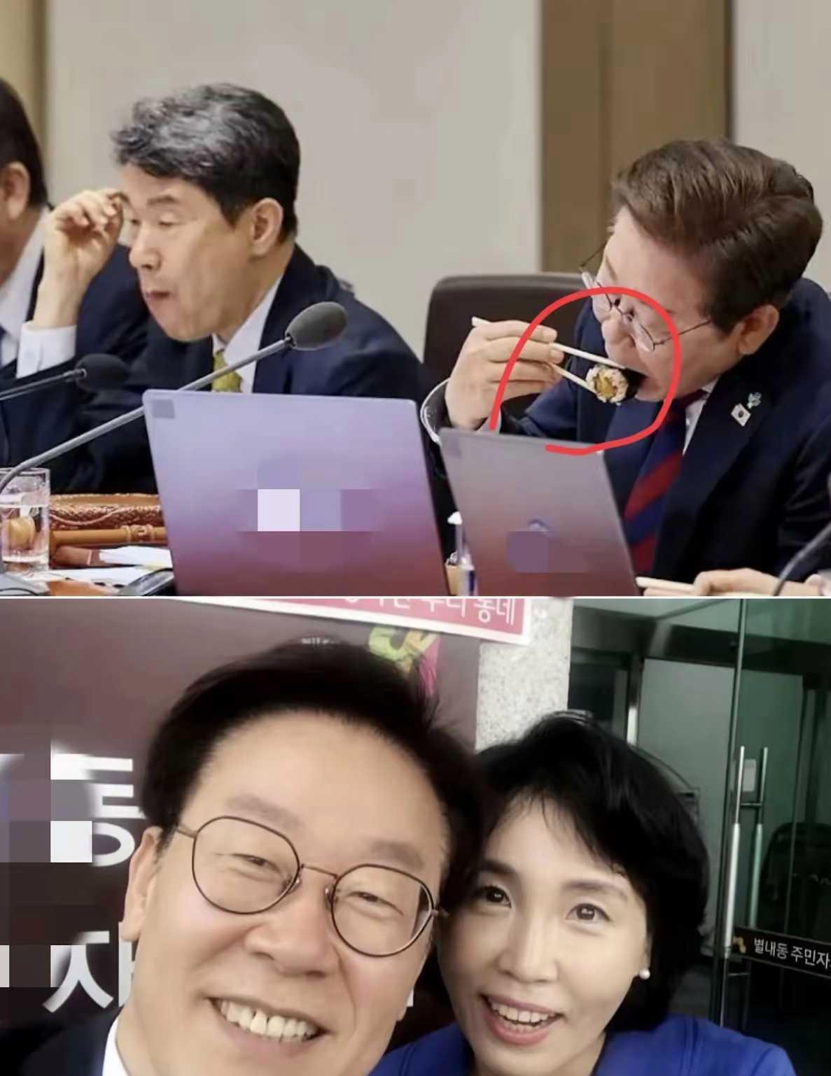 李在明上班还带饭，这应该是妻子做的紫菜包饭吧。看起来吃的好香啊！李在明看起来很