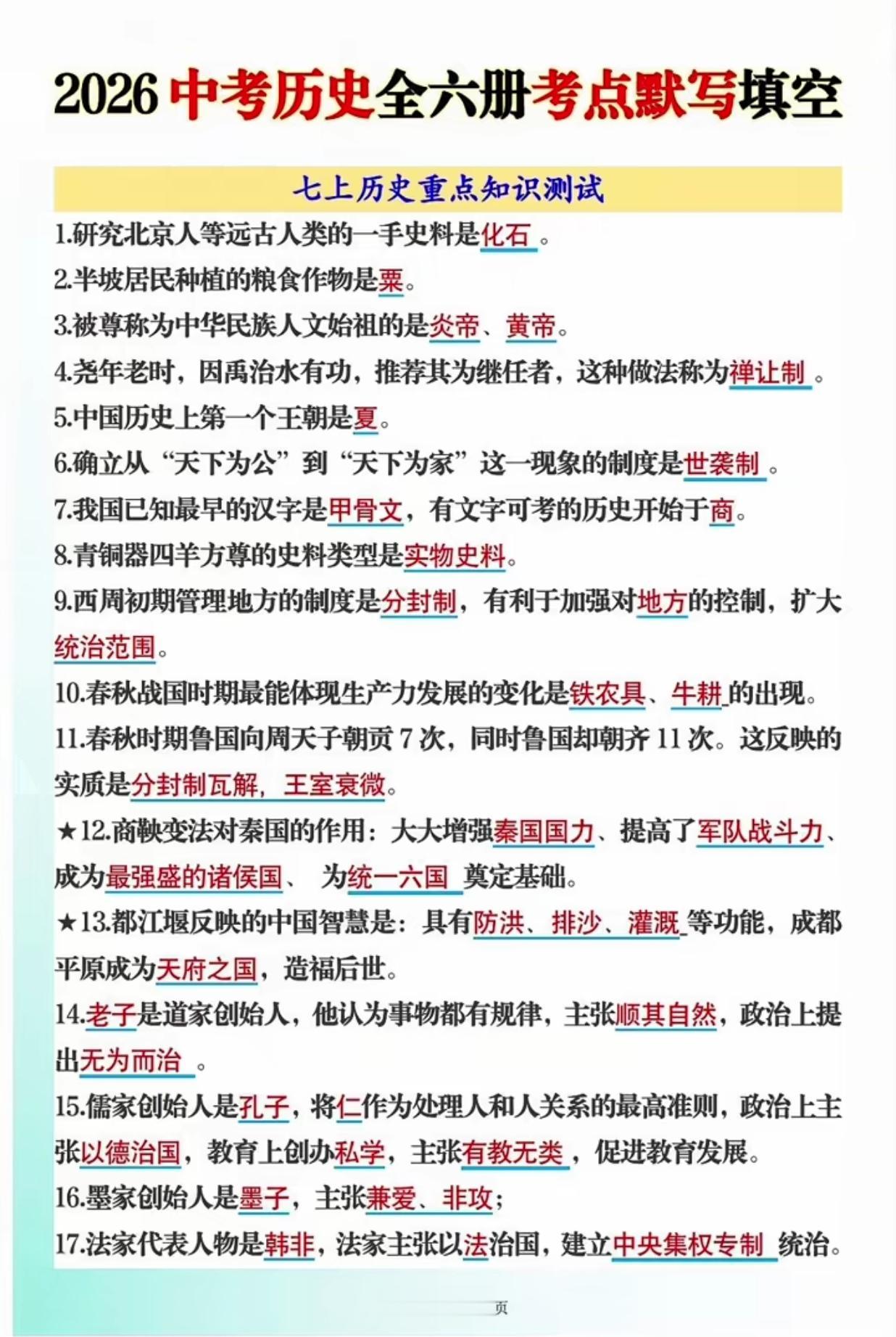 中考历史全六册考点默写题