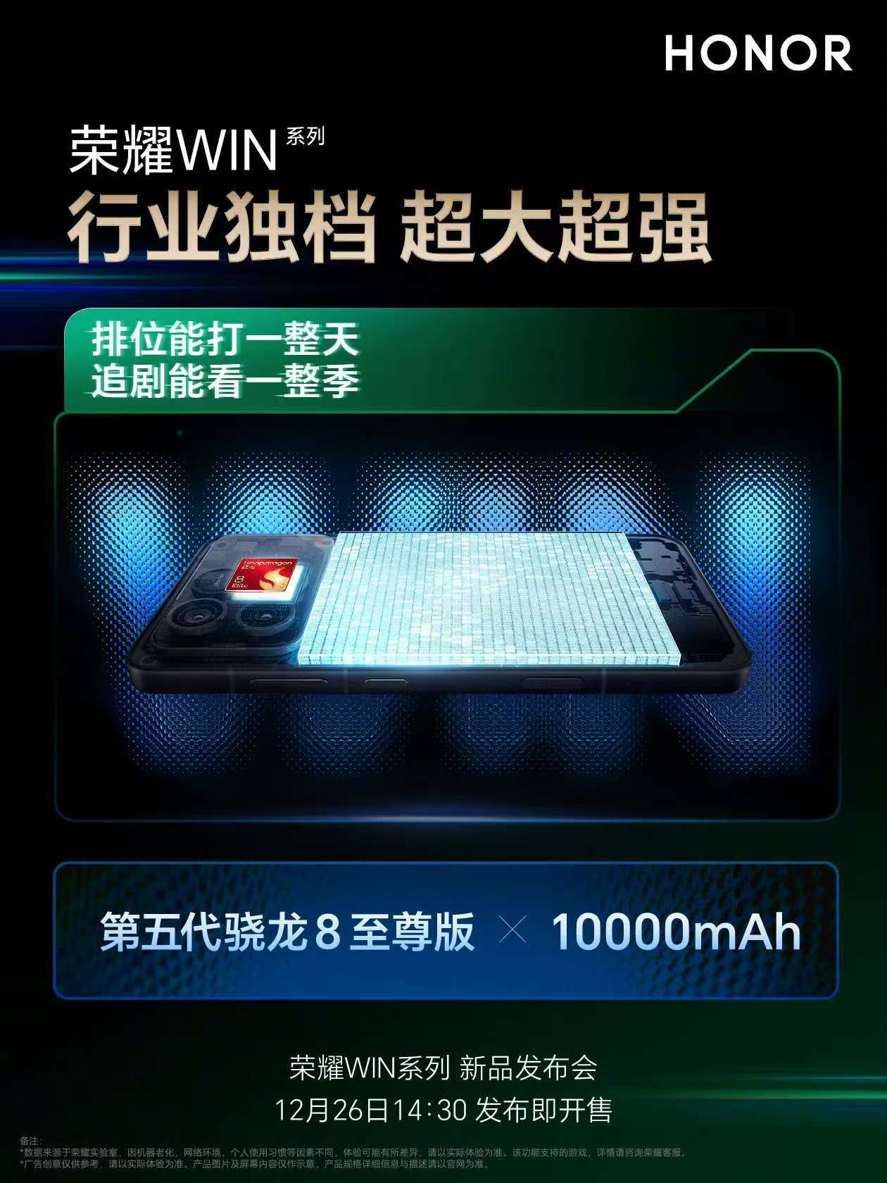 荣耀WIN第五代骁龙8至尊版和10000毫安电池真绝配，再加上荣耀自研幻影引擎3