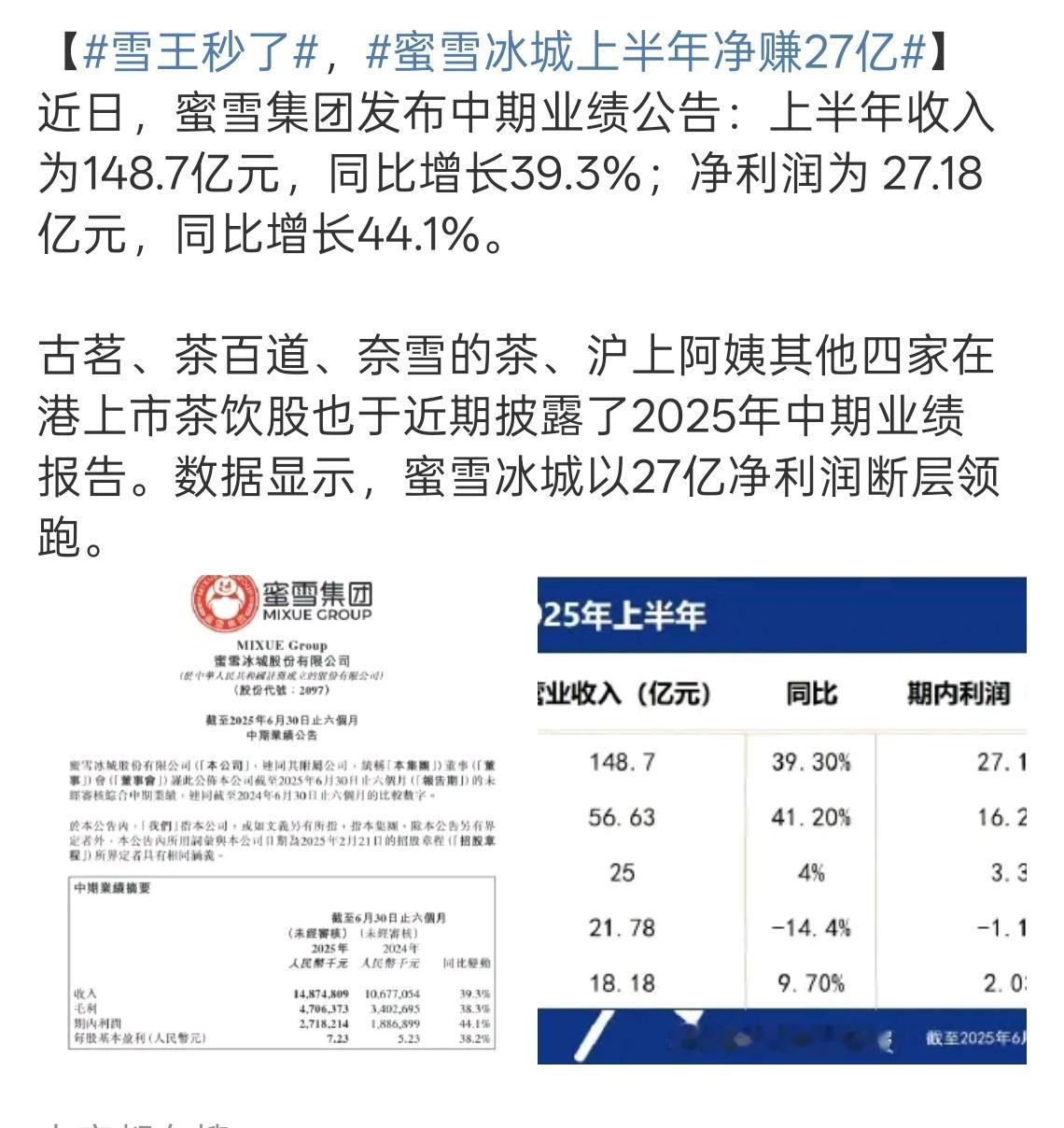 蜜雪冰城上半年净赚27亿​​​