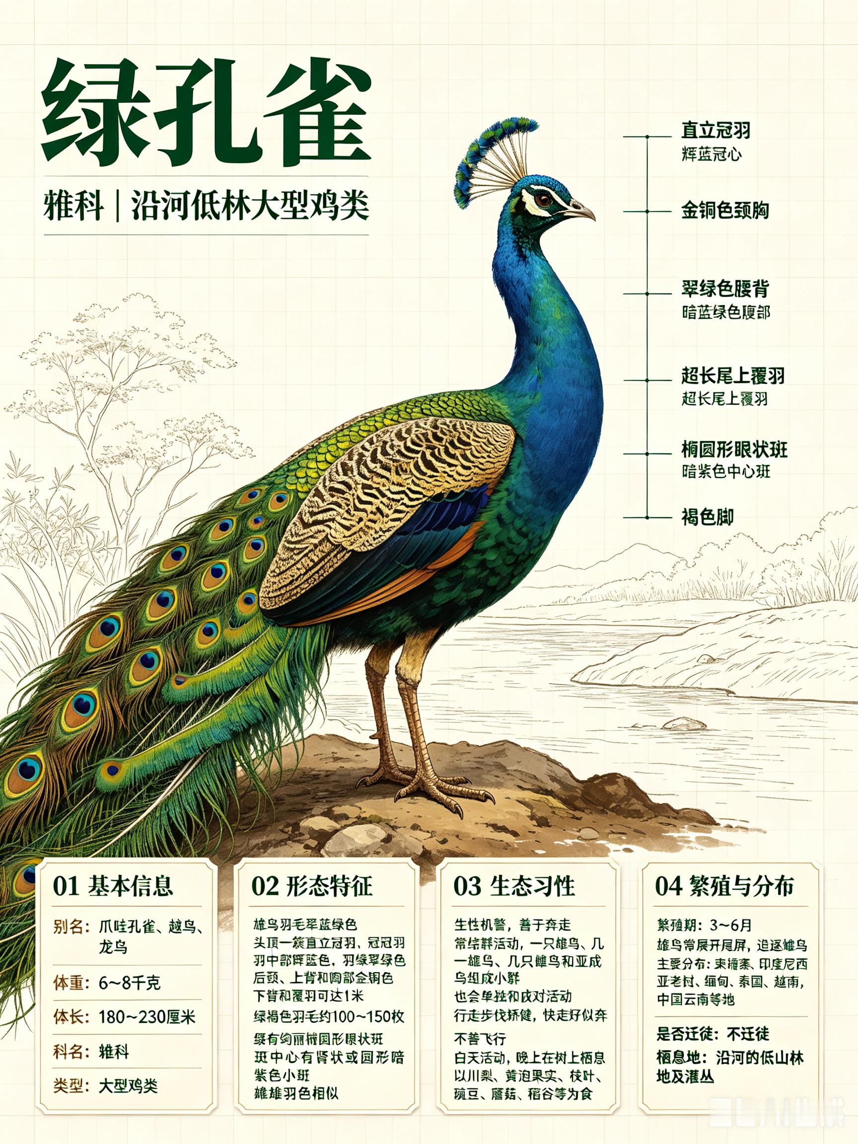 鸟类朋友图鉴绿孔雀科名：雉科体重：6～8千克别名：爪哇孔雀、越鸟、龙鸟绿孔雀为